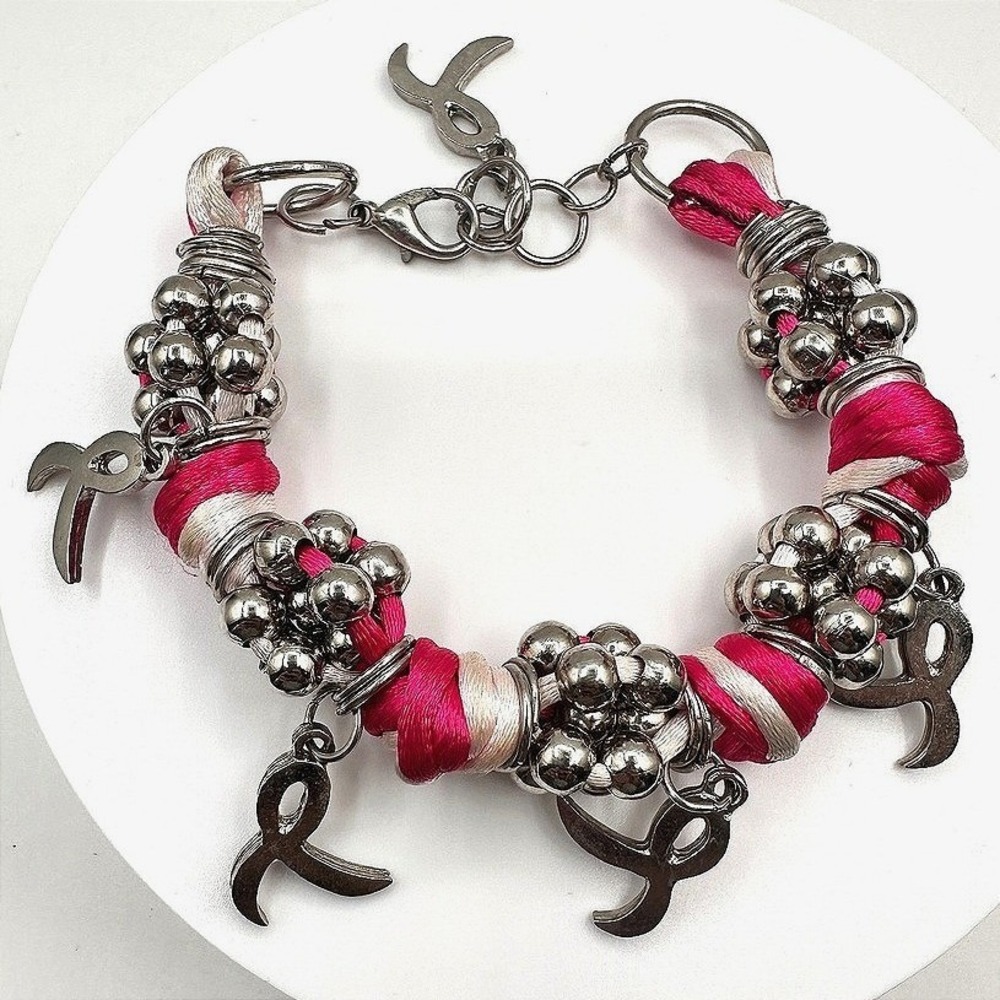 Vintage 90s Silk‎ Ribbon Breast Cancer Awareness Bracelet Silver Tone Beaded Y2K